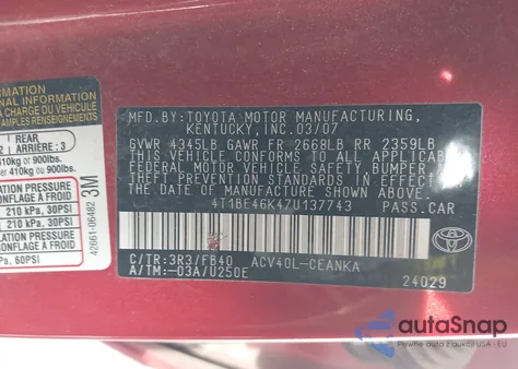 2007 Toyota Camry Le from USA, damaged, VIN 4T1BE46K47U137743